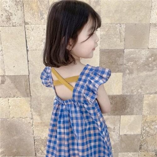 Girls Dress 2021 Summer New Baby Girl Cotton Linen Blue Grid Backless Cross Flying Sleeve Dress Toddler Kids Dresses for Girls