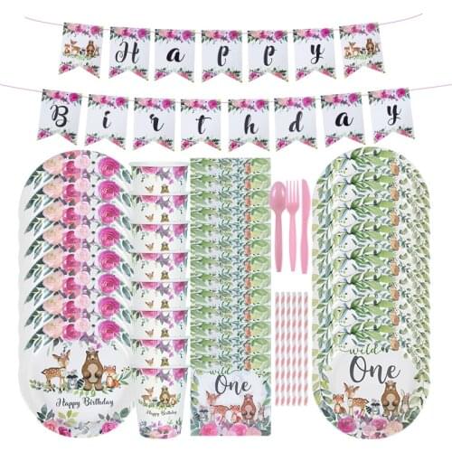 Wild One Pink Disposable Tableware Decoration Jungle Safari Forest Theme Party Girl First 1st Birthday Baby Shower Decor Supplie