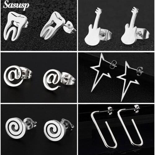 Sasusp Personalize 2021 Ear Studs Guitar Star Earrings For Women Stainless Steel Swirl Tooth Stud Earrings For Women Men