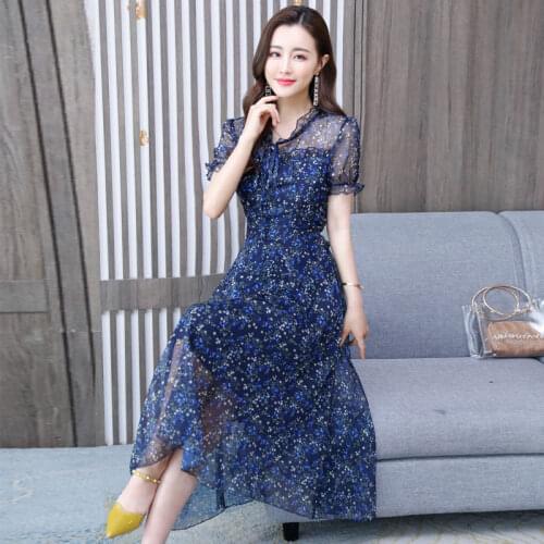 Summer Blue Pink Chiffon Floral Dress Elegant Printed Short Sleeve Lacing O-neck Sheer Perspective Beach Cocktail Dresses 7330
