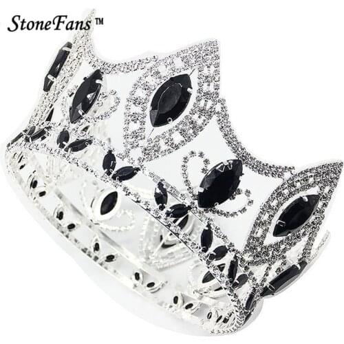 StoneFans Hair Jewelry Big Queen Bride Round Crown Wedding Colors Round Black Cubic Zircon Crown King Royal tiaras and crowns