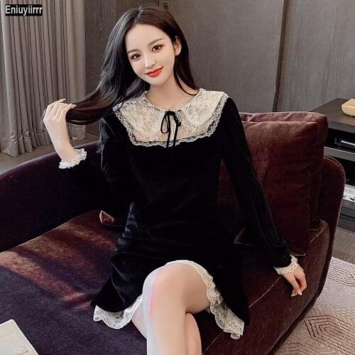 2021 Spring Autumn Winter Stand Collar Patchwork Vintage Lace Little Black A Line Party Short Mini Dresses