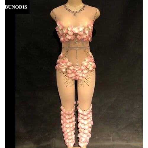 ZD279 Women Sexy Net Yarn Jumpsuit Sparkling Crystals Pink Flowers Bling Bodysuit Nightclub Party Fashion Show Singer Dancer