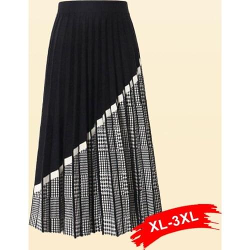 Size Streetwear Geometric Plus Long Knit Women Pleated 4XL Autumn Thick Warm Elegant A Line Knitted Sweater Skirt Femme