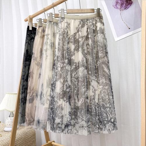 2021 Summer New Double-Layer Mesh Skirts Digital Printing High Waist Slimming Mid-Length Skirt Female Fashion Midi Saias zh365