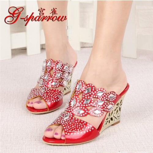 G-sparrow 2018 Summer Style Red Fashion Platform Wedges Slippers Peep Toe High-heeled Sandals Leather Comfortable Shoes Women