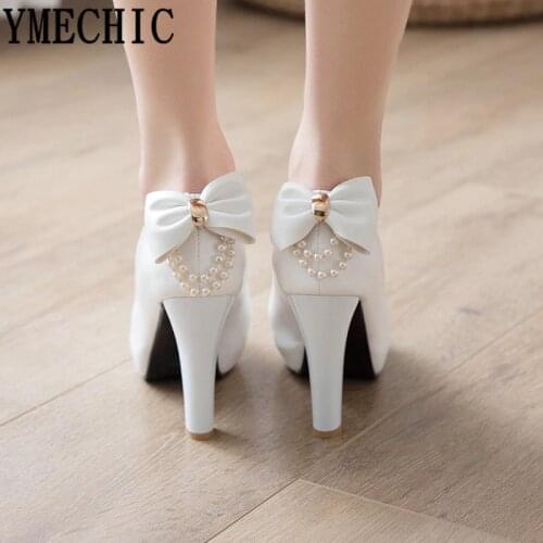 YMECHIC 2019 White Wedding Shoes Bride Women High Heel Pumps Peep Toe Slip Bowtie String Bead Ladies High Heels Shoes Plus Size