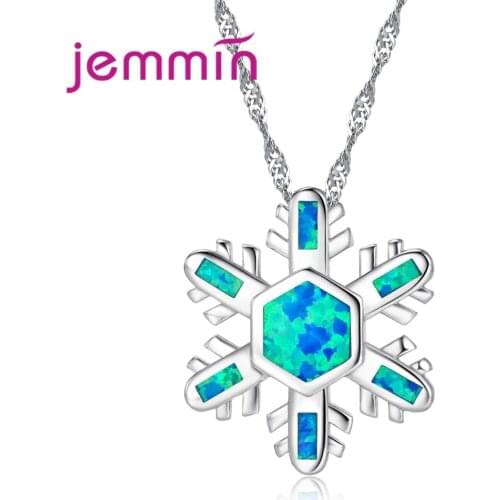 Fine Ocean Blue Fire Opal Pendants Necklaces For Women Lovely Snowflake 925 Sterling Silver Statement Necklace Jewelry