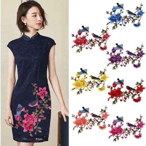1pcs Beautiful Red Bird Rose Flower Floral Collar Sew Patch Applique Badge Embroidery Dress Handmade Craft Ornament Fabric