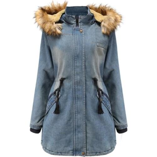 2019 Winter Coat Ladies Coat Jacket With Cap Cotton Cotton Stitched Parker Coat With Fur Collar Large Size Denim Jacket