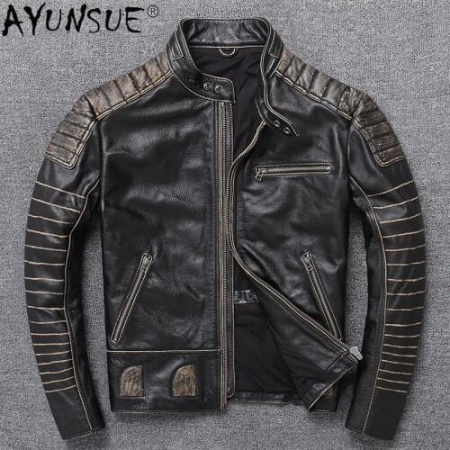 AYUNSUE Men Clothing Genuine Leather Jacket Mens Clothes Short Cow Leather Jackets Motorcycle Coat Male Hommes Veste LXR435