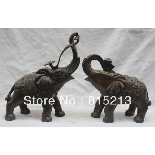 Bi00556 10" China Chinese Folk Fengshui Bronze Fu Rich Yuanbao Ruyi Elephant Statue Pair