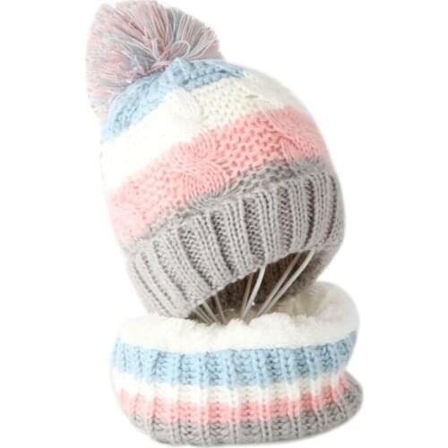 Kids Winter Cable Knit Beanie Hat Scarf Set Pompom Stripes Plush Lined Skull Cap Y1QD