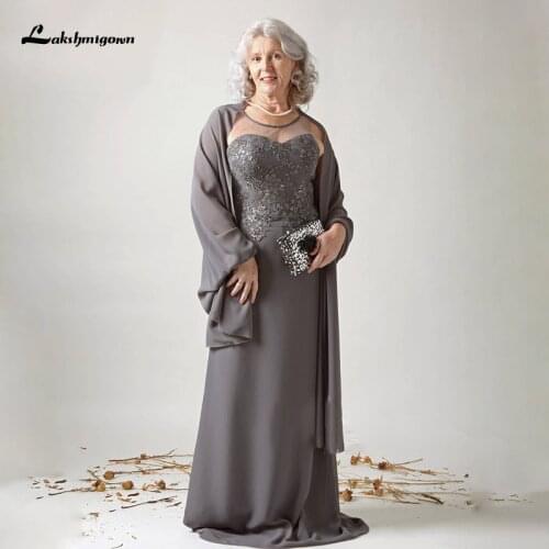 Lakshmigown Charcoal Gray Chiffon Mother of the Bride Dresses Sleeveless Illusion Round Neck Sweetheart Fitted Formal Dress