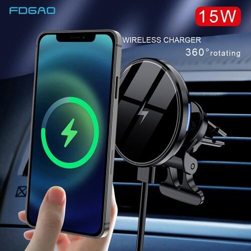 Magnetic Wireless Car Charger 15W Induction Fast Charging Mount 360° Rotation Air Vent Phone Holder for iPhone 12 Pro Max Mini