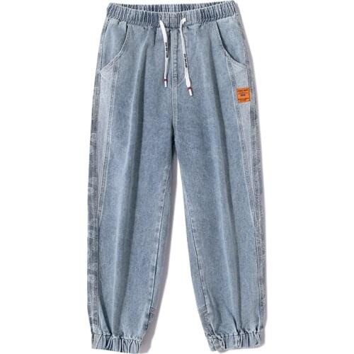 Mens Summer Stitching Light-colored Loose Jeans Fashion New Mens Ninth Trousers 2021 Spring Autumn Harem Pants Elastic Waist