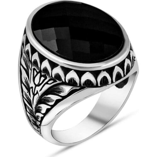 Men Silver Ring With Facet Cut Oval Black Zircon Stone and Tulip Motif Made In Turkey Solid 925 Sterling Silver