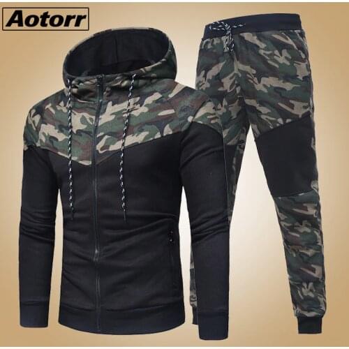 Men Causal Camouflage Patchwork Sets Camo Zipper Jacket+Pants 2PC Tracksuit Sportwear Hoodies Sweatshirt Pant Suit Plus Size