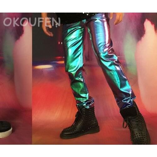 New Cool Colorful Laser Leather Pants Man Party show stage Slim trousers costumes Nightclub male singer Dj models dance wear
