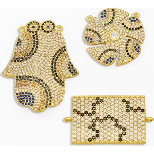 OCESRIO Brass CZ Big Fatima Hand Hamsa Necklace Charms for Jewelry Making Gold Round Pendant Charms for Accessories pdta251