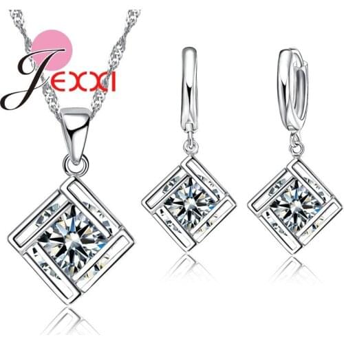 Charm Hollow Design Shiny Rhombus Necklace/Earrings/Pendant For Females 925 Sterling Silver Fashion Jewelry Set Wholesale
