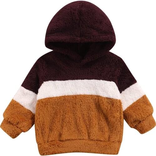 Lioraitiin 2-7Years Toddler Baby Girl Boy Autumn Baby Plush Pullover Long Sleeve Color Block Hooded Hat Warm Winter Velvet Shirt