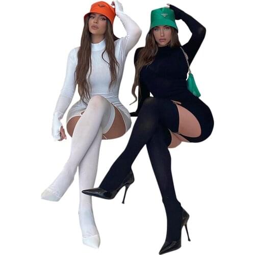 Hirigin New Women Two-Piece Dress Outfit Long Sleeve Turtleneck Solid Color Skinny Wrapped Dress with Buckles And Stockings Set