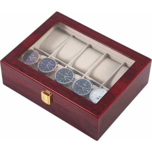 Practical 10 Grids Wooden Watch Box Durable Home Jewelry Display Collection Storage Case Watch Organizer Box Red