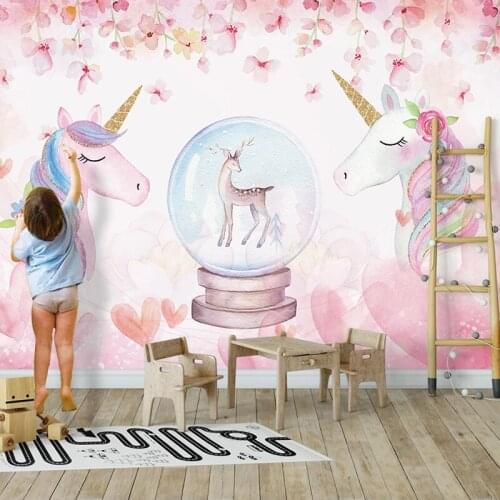Dropship Custom Mural 3D Pink Hand Painted Flower Deer Horse Art Wall Painting Bedroom Childroom Pink Wallpaper Kids Wallpaper