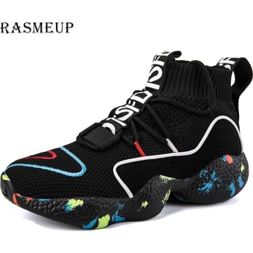 RASMEUP Plus Size 47 Womens Sock Sneakers Knit Breathable Women Men Shoes 2019 Fashion Woman Chunky Trainers Lady black White