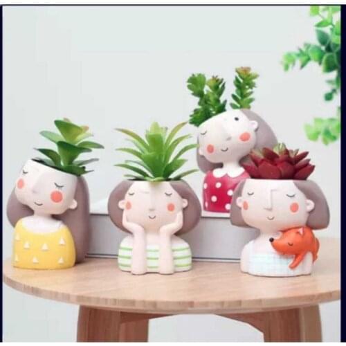 Handmade 4 Piece Girl Figured Sukulent Flower Pot Set (Without Flowers)