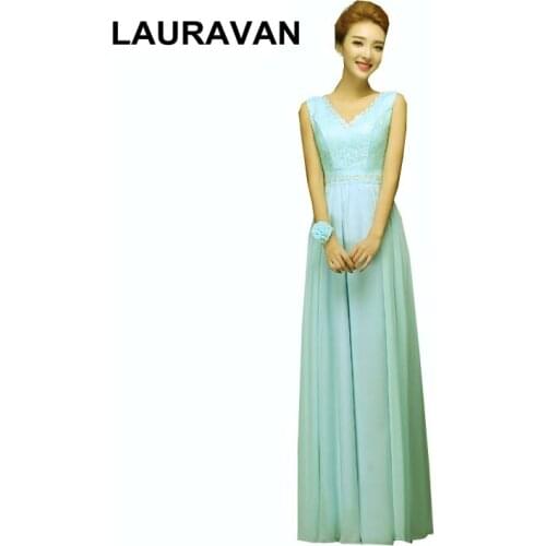 V neck chiffon sleeveless a line long ladies elegant light mint blue bridesmaid party dresses under 100 brides maid dress