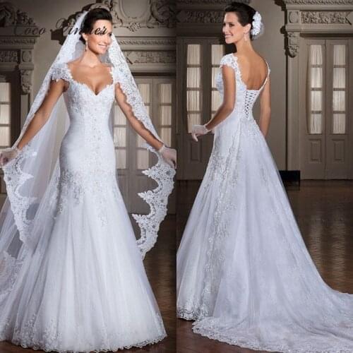 Vestido De Noiva Backless Appliques Lace Up Back Bridal Gown Memaid Wedding Dress Detachable Train vestido noiva W0012