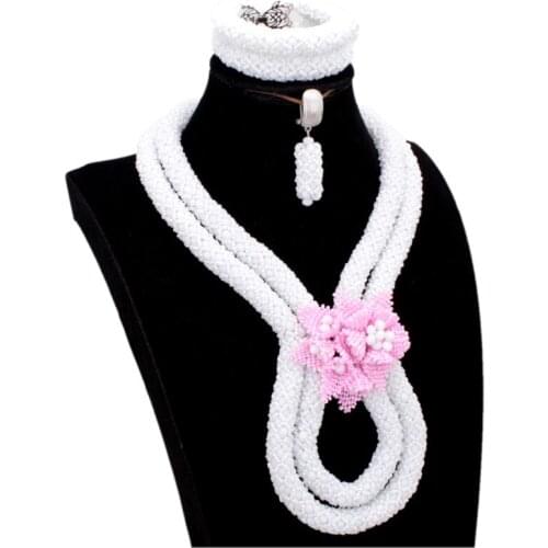 Dudo Pure White Vintage Necklace With Peach Handmade Flowers Necklace Bracelet Earrings Wedding Accessories African Jewelry Set