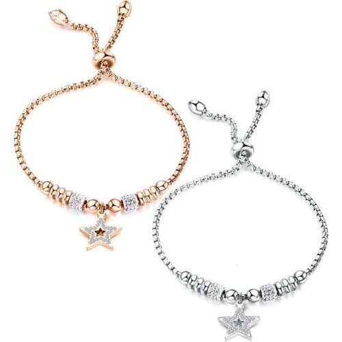 Hot Sale Fashion Hollow Round Beads Diamonds Stars Hand Jewelry Rose Gold Plated Ladies Girl Woman Party Titanium Steel Bracelet