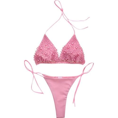 WomenS Summer Clothes Ladies Beaded Three-Point Bikini Split Swimsuit Halter Top Sexy Thong Female Bikini Female Swimwear Z0410