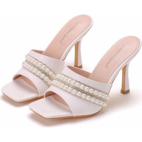 Women sandals wedding Party PU Rhinestones Slip On 9CM Thin High heels Square Toe sandalias mujer 2020 women shoes size 35-42