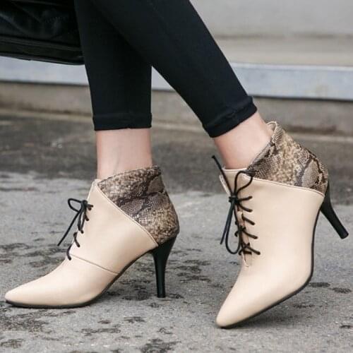 PXELENA Plus Size 34-43 Women Ankle Boots Stiletto High Heels Lace Up Fashion Short Boots Office Lady Party Daily Shoes Black