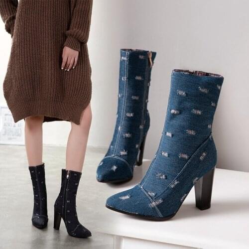 OLOMLB US4-11 Womens Pointed Toe Denim Jeans Ripped Ankle Boots Block High Heel Side Zipper Shoes Punk Motorcycle Plus Size