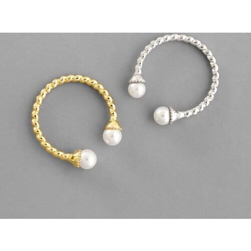 Real 925 sterling silver adjustable joint rings for women bijoux, double simulated pearl ring gold color anelli donna jewelry