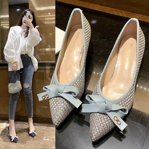 5cm Women Pumps Woven Pointed Toe Dress Shoes 2021 New Fashion Ladies Designer Shoes Bowtie Boat Shoes Plus Size