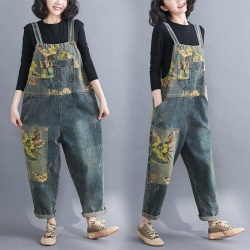 Spring Autumn Women Jeans Students Preppy Overalls Vintage Floral Print Casual Streetwear Loose Female Ankle Length Denim Pants