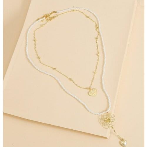 2 Pcs/Set Trendy Handmade Hollow Flower Heart Pendant Necklaces Women Boho Glass Beaded Long Gold Chain Layered Necklace Jewelry