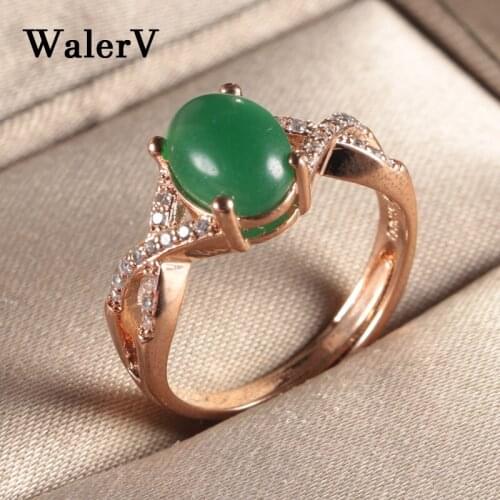 WalerV for Womens Ring Set Fashion Charm Gold Color Luxury Cross Zircon Open Ring Lady Oval Green Stone Crystal Wedding Finger