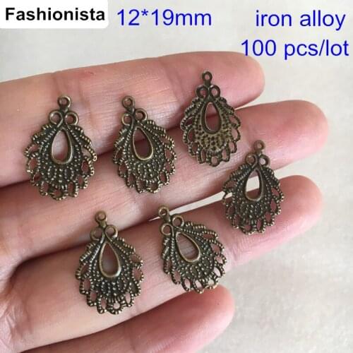 100 pcs Bronze Color Filigree Charms,12*19mm Waterdrop Shape Jewelry Charms With 3 Loop,Metal Stamping Crafts For Handmade Jewel
