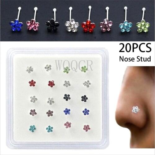 WQQCR 20PCS Colored Crystal Flower Nose Ring For Women Cute Nose Piercing Nose Stud Nail Earrings Gift