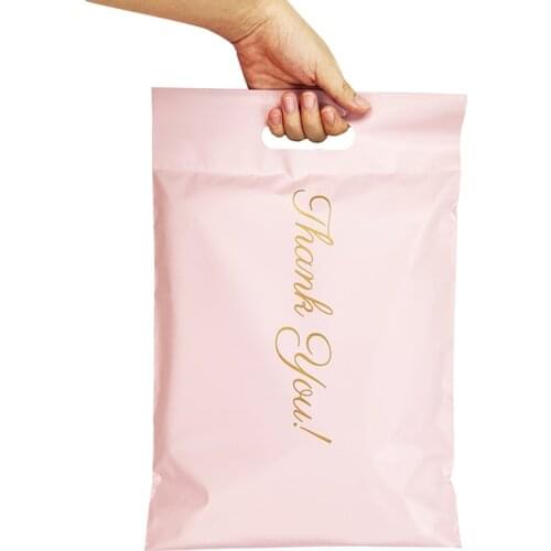 50Pcs Mail Bags Thank You Poly Mailer With Handle Clothes Packaging Envelopes Self Seal Courier Bags Waterproof Tote Bag
