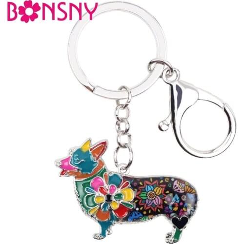 Bonsny Enamel Alloy Welsh Corgi Dog Key Chain Key Ring Pom Gift For Women Girl Ladies Bag Charm Car Key Pendant Jewelry 2018 New
