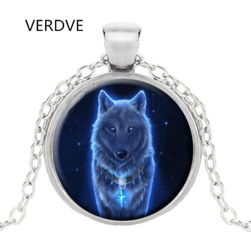 New Vintage Glowing Wolf Cabochon Tibetan silver Glass Chain Unisex Pendant Necklace