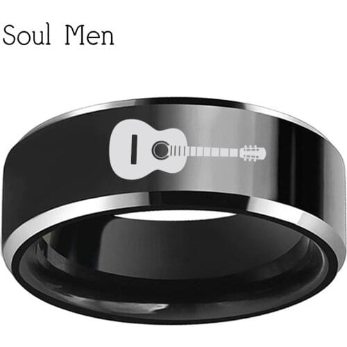 Black Mens Music Guitar Engraved Rings 8mm Tungsten Carbide Wedding Band for Musician Lover Boy